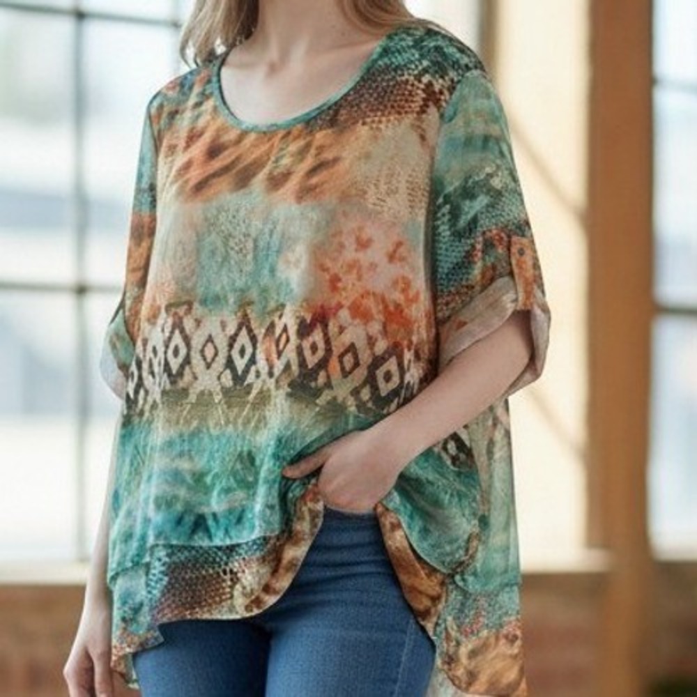 Chaus New York Mixed Print Roll Tab Blouse Boho Animal Geometric XL Teal Rust